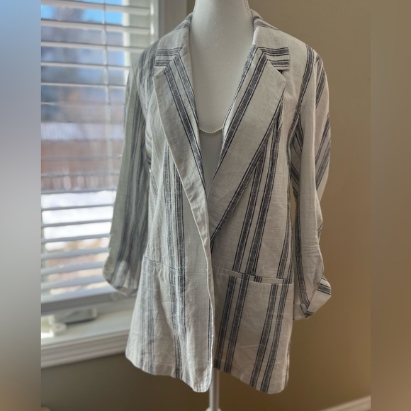 [M]DKR Gray Striped Linen Blend Women's Open Blazer - Picture 4 of 15